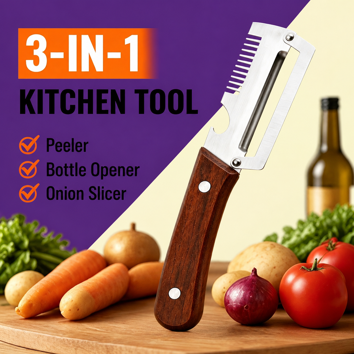 3 In 1 Multipurpose Stainless Steel Peeler Knife And Bottle Opener - Wooden Handle