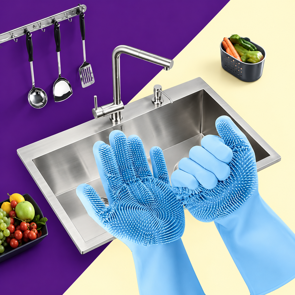 Silicone Dish Washing Gloves Reusable Household Cleaning Scrubber Gloves - 1 Pair (Random Color)