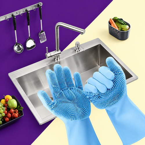 Silicone Dish Washing Gloves Reusable Household Cleaning Scrubber Gloves - 1 Pair (Random Color)