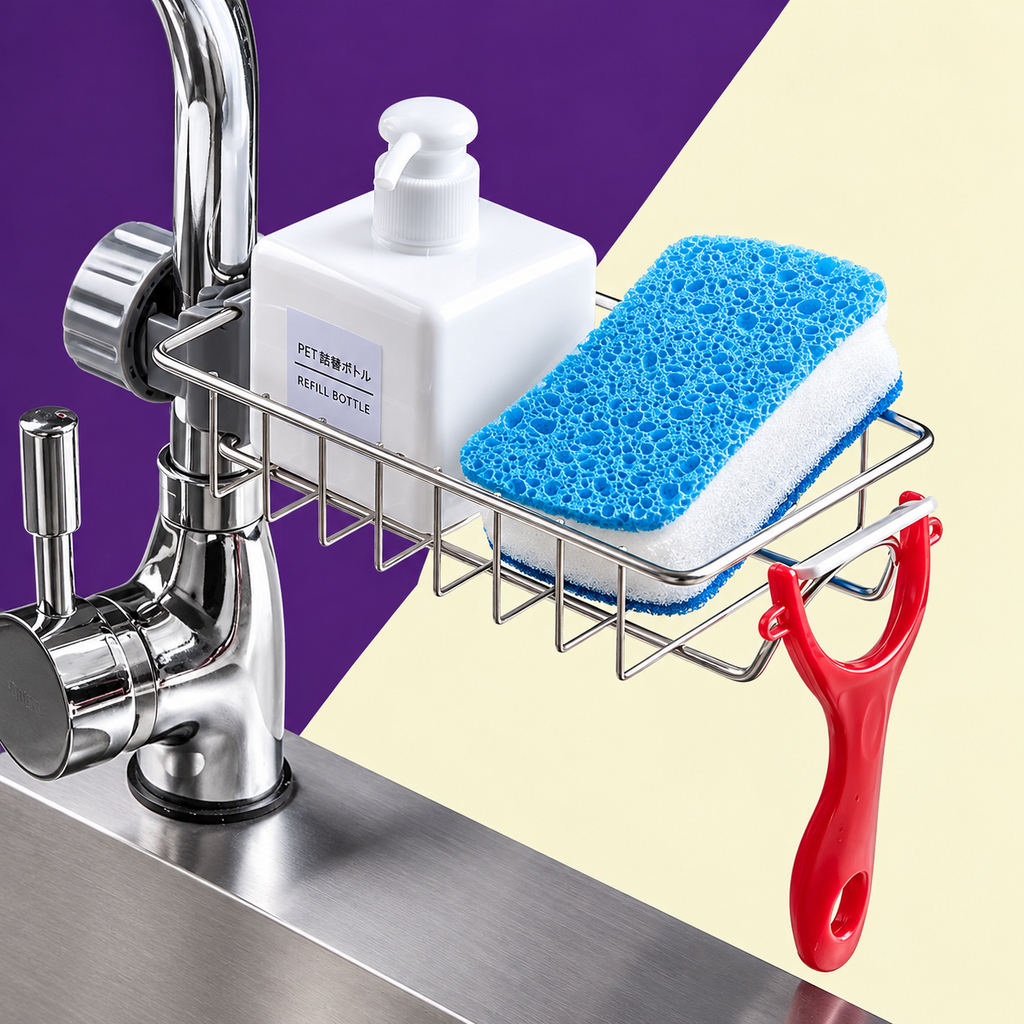 Stainless Steel Sink Faucet Organizer | Kitchen Sink Sponge Holder Rack | Kitchen Darin Rack &amp; Soap Holder (Box Packing)