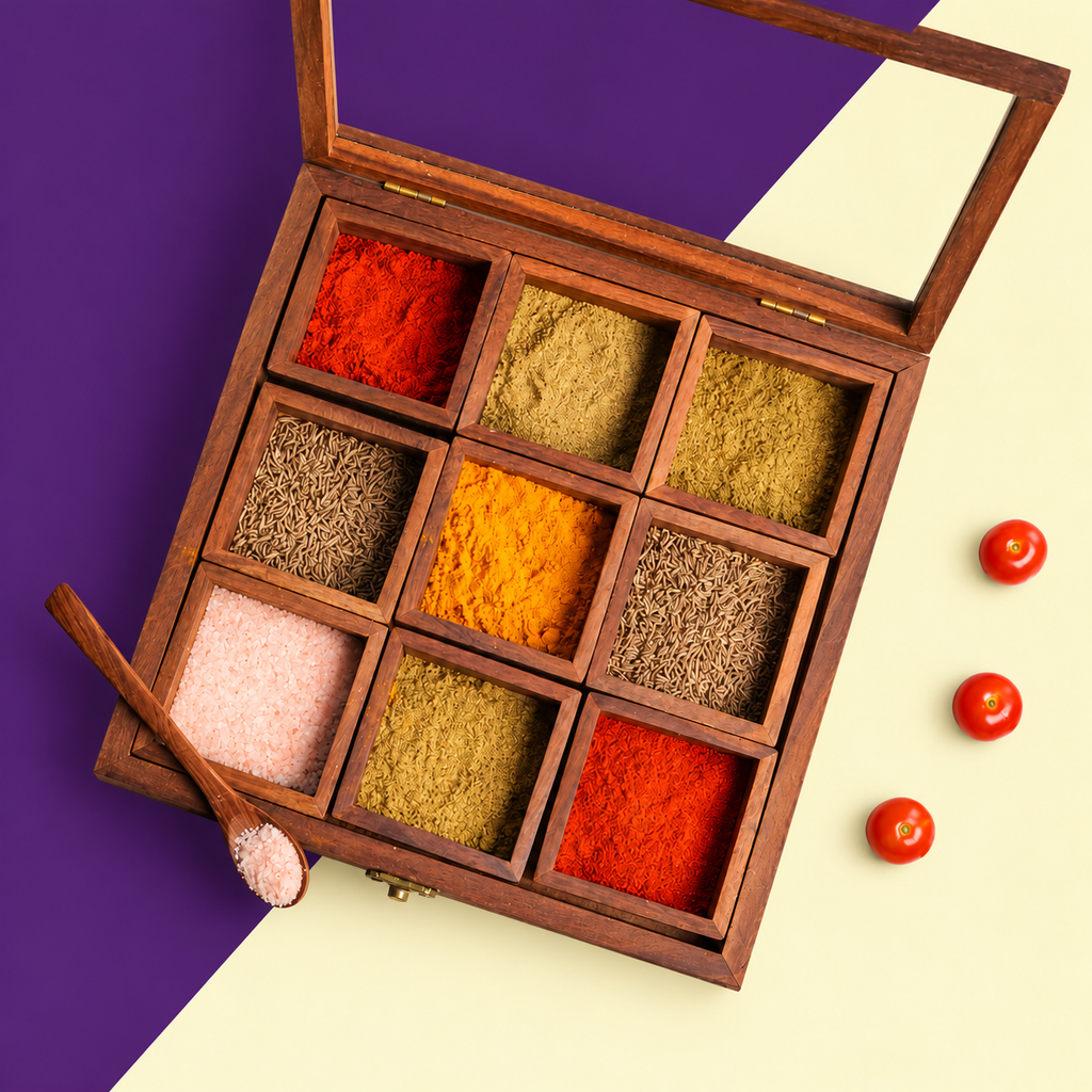 Wooden Spice Box with 9 Compartments