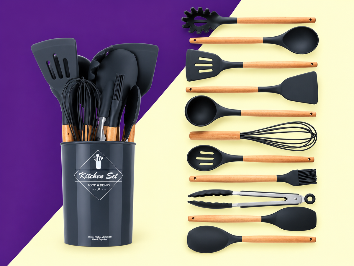 Silicone Kitchen Utensil Set with Wooden Handles