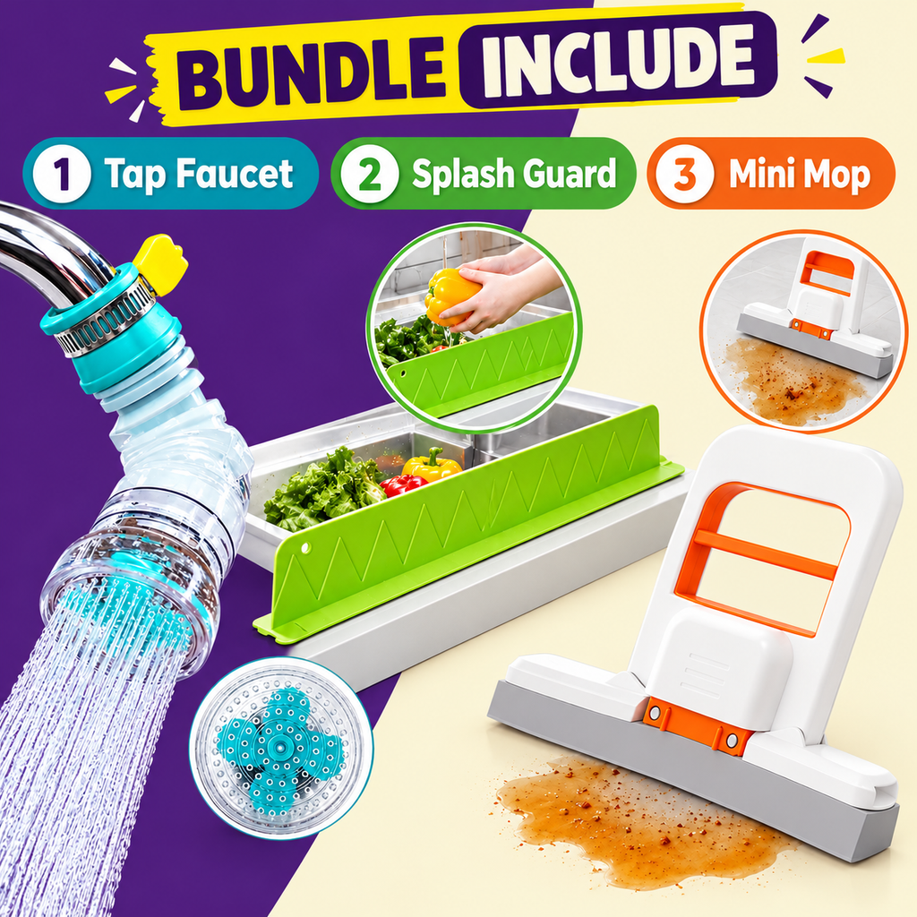 Bundle Of 3 - Faucet + Splash Guard + Mini Mop | Kitchen Pack Of 3