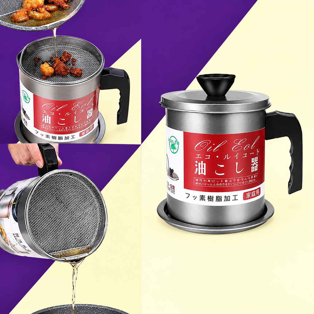 High Quality 1.4L Fryer Oil Filter Pot – Carbon Steel Oil Can with Stainless Steel Strainer Kitchen Storage Jug (Without Box)