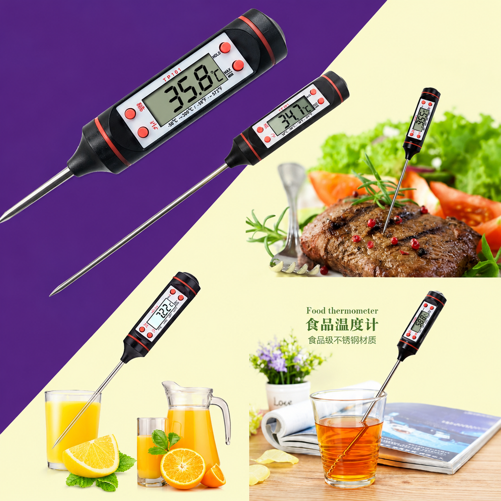 TP101 Digital Food Thermometer with Stainless Steel Probe | Kitchen BBQ Meat Cooking Baking Milk Oil Water Temperature Meter