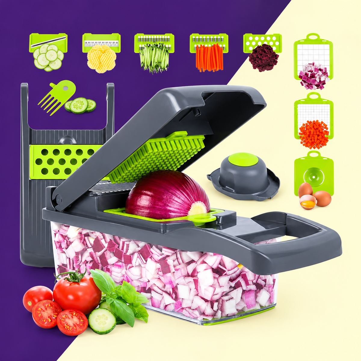 16-In-1 Multifunctional Vegetable Chopper &amp; Slicer With Colander Basket And Storage Container – Heavy-Duty Food Cutter &amp; Dicer For Onion, Potato, Carrot, Garlic &amp; More