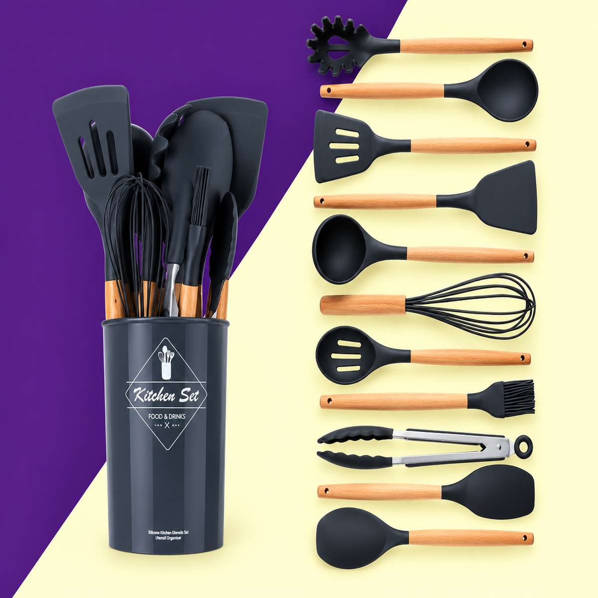 Silicone Kitchen Utensil Set with Wooden Handles